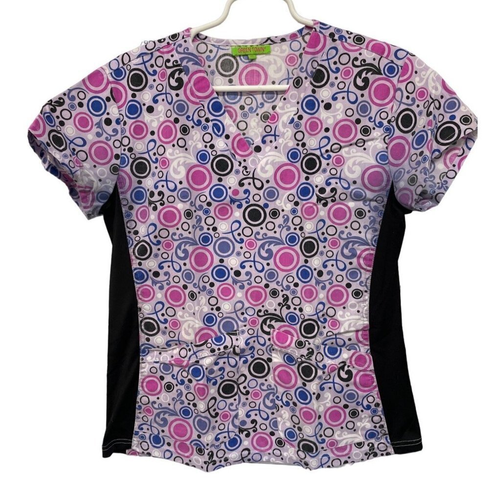 Green Town Circles Spheres Geometric Purple Pink Blue Scrub Top Size XS‎